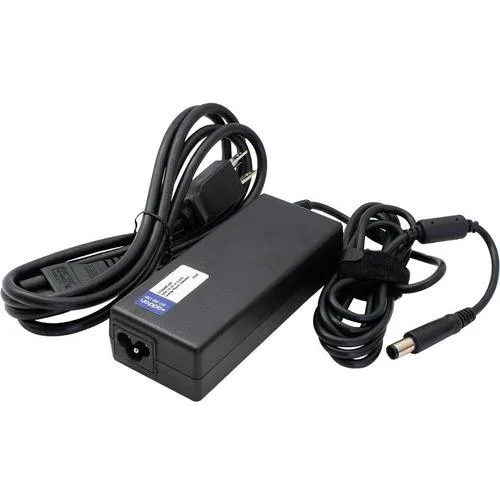 Black rectangular laptop power adapter with attached cable and barrel connector