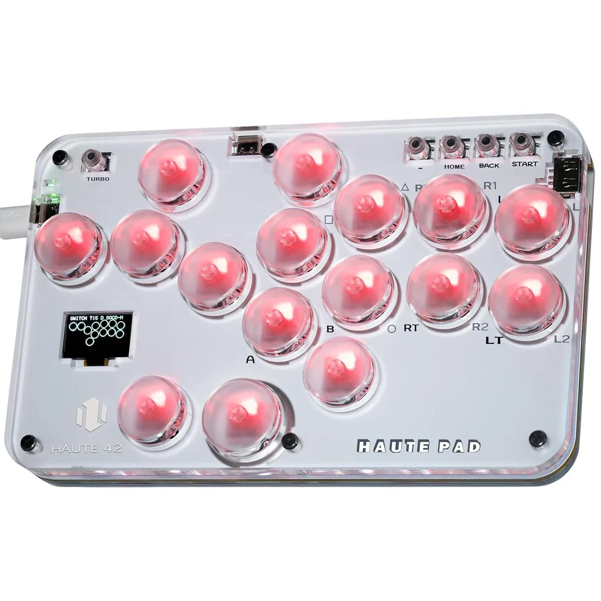 Transparent acrylic arcade controller with 16 buttons and RGB lighting