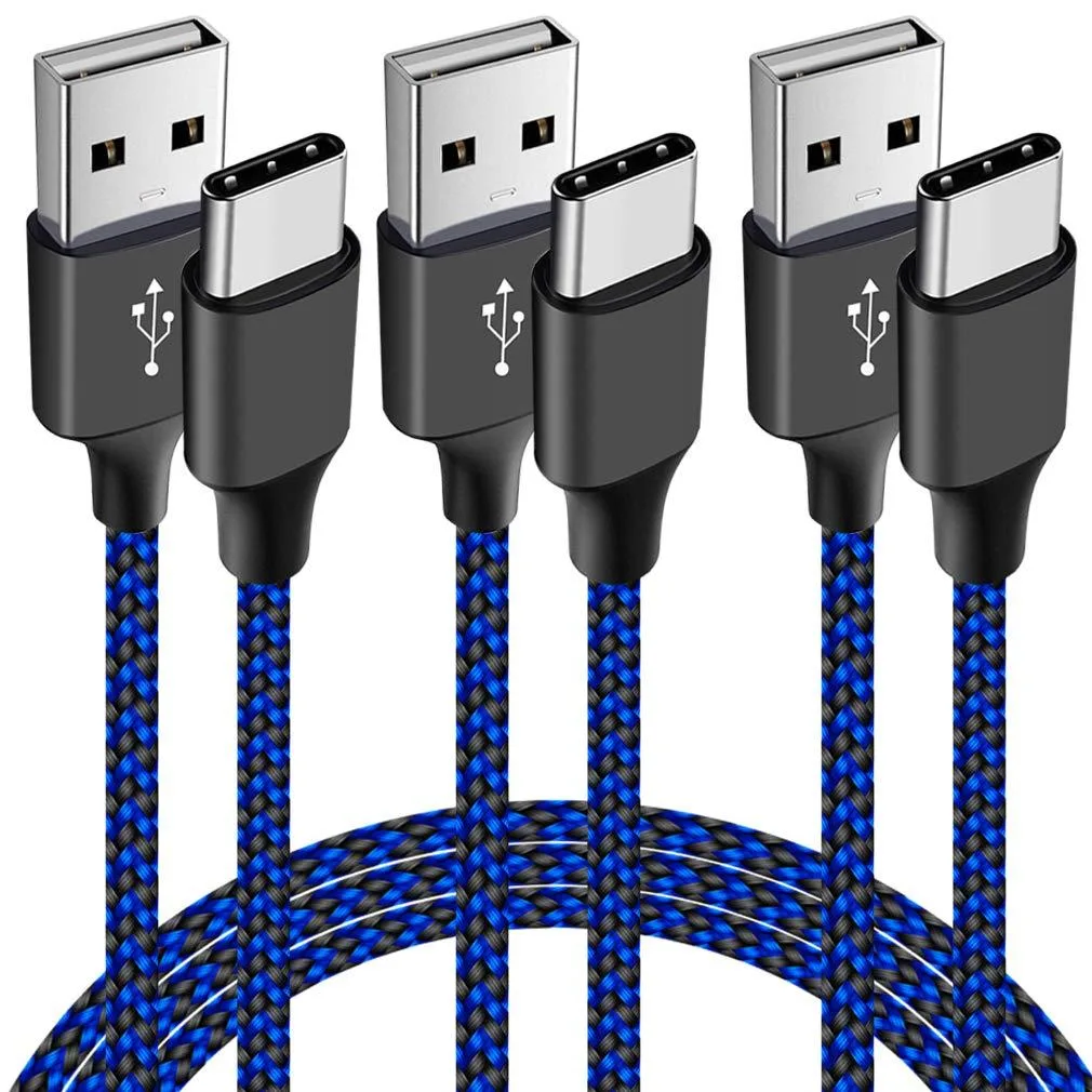 Three blue braided USB-C cables coiled together, 6.6 ft each, nylon finish with aluminium ends