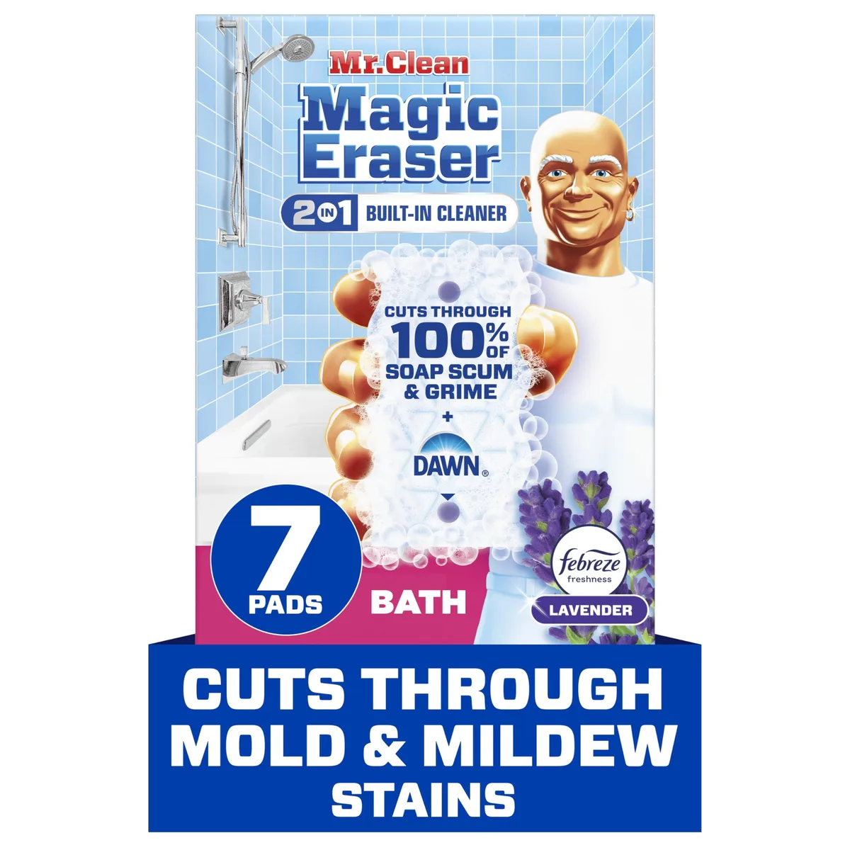 Seven lavender-scented cleaning sponges in a rectangular box