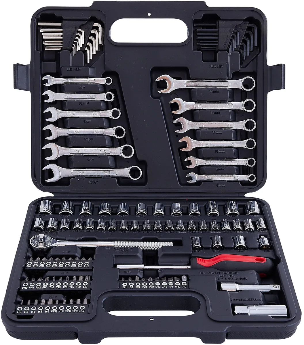 Red metal tool case holding 121-piece mechanic set with sockets wrenches bits hex keys