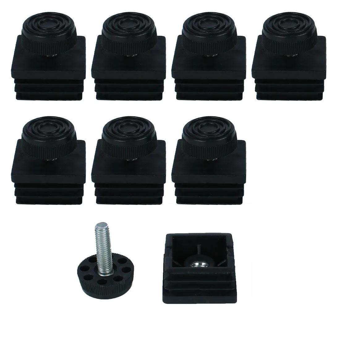 Eight sets of square tube inserts with adjustable threaded feet and plastic bases