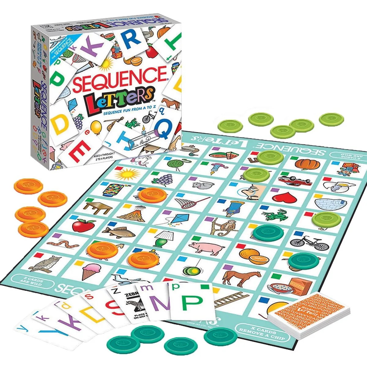 Square board with colorful letter cards and chips