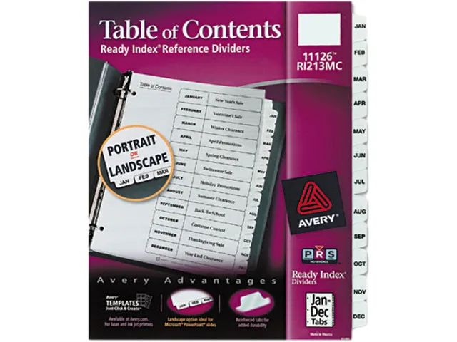 Avery Avery 11126 card filing 12-tab Jan-Dec letter black/white 12/set — product photo
