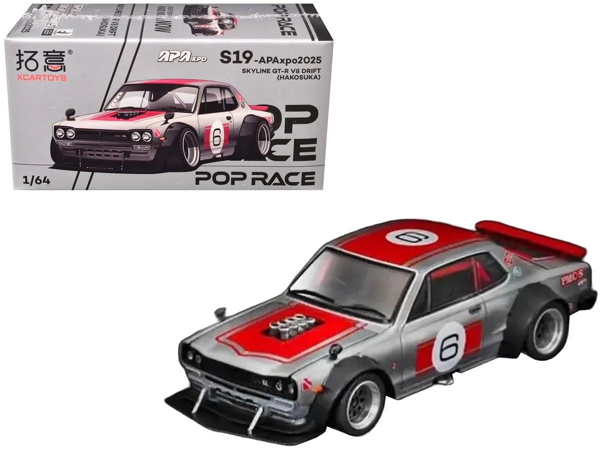 Pop Race Pop Race Skyline GT-R V8 Drift Hakosuka RHD #6 Silver Red APA XPO 2025 1/64 Hobby Collectible — product photo