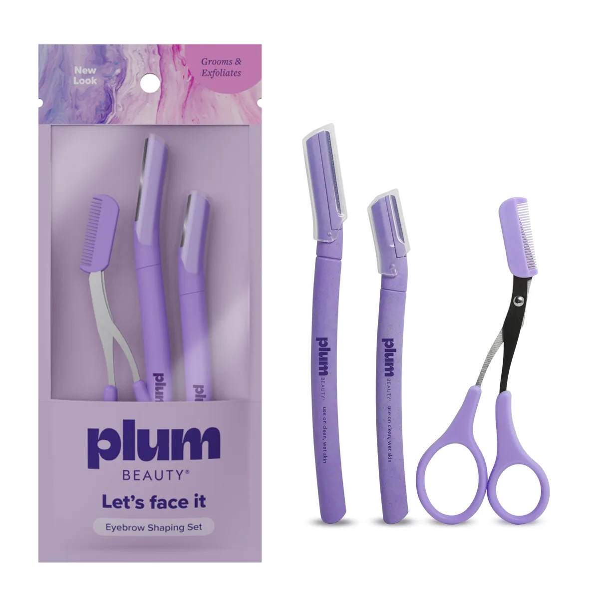  Plum Beauty Eyebrow Shaping Set 2 Razors &amp; Trimming Scissor with Brush Purple — product photo