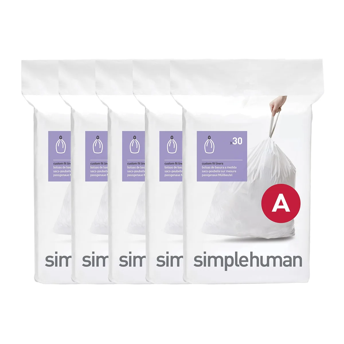 Pack of 150 white drawstring trash bags on a roll
