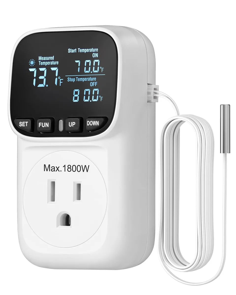 White rectangular plug-in thermostat with VA display and push buttons