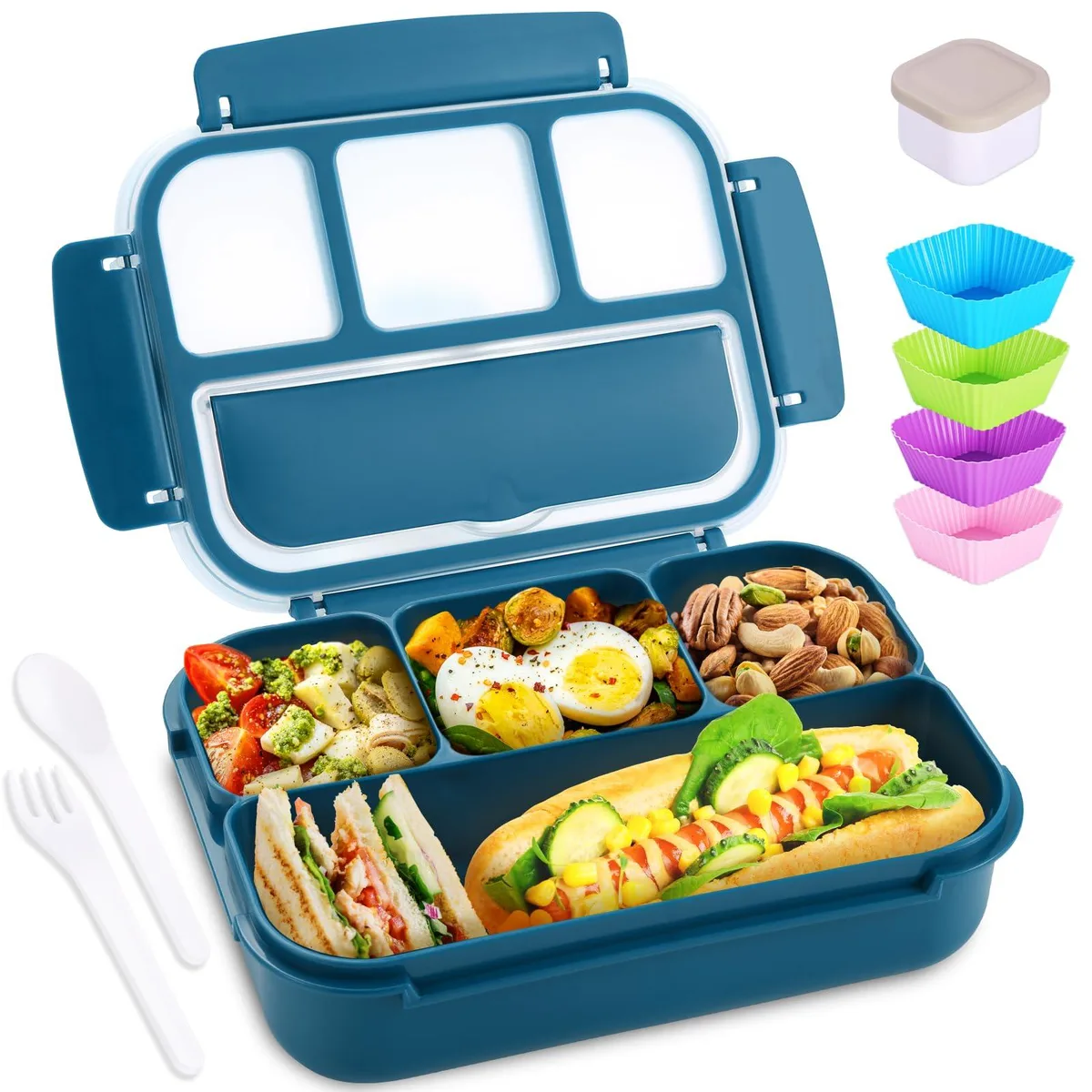 Navy rectangular bento box with four compartments, spoon, fork, sauce jar and four silicone muffin liners