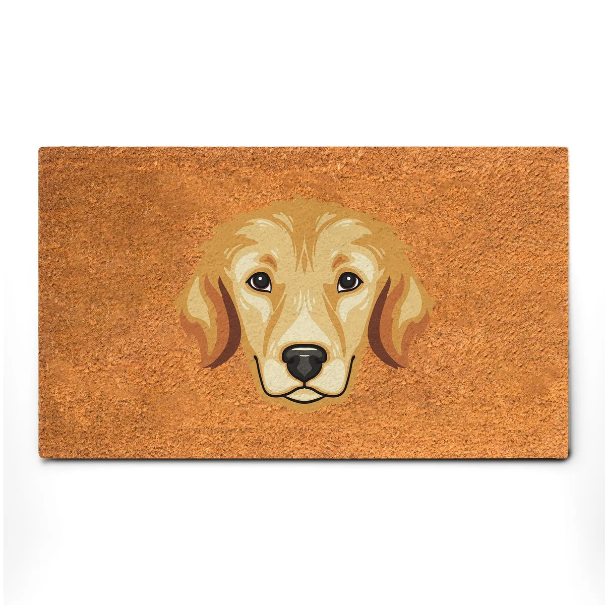 Light-brown coir doormat with bulldog design, 17.5 by 30 inches