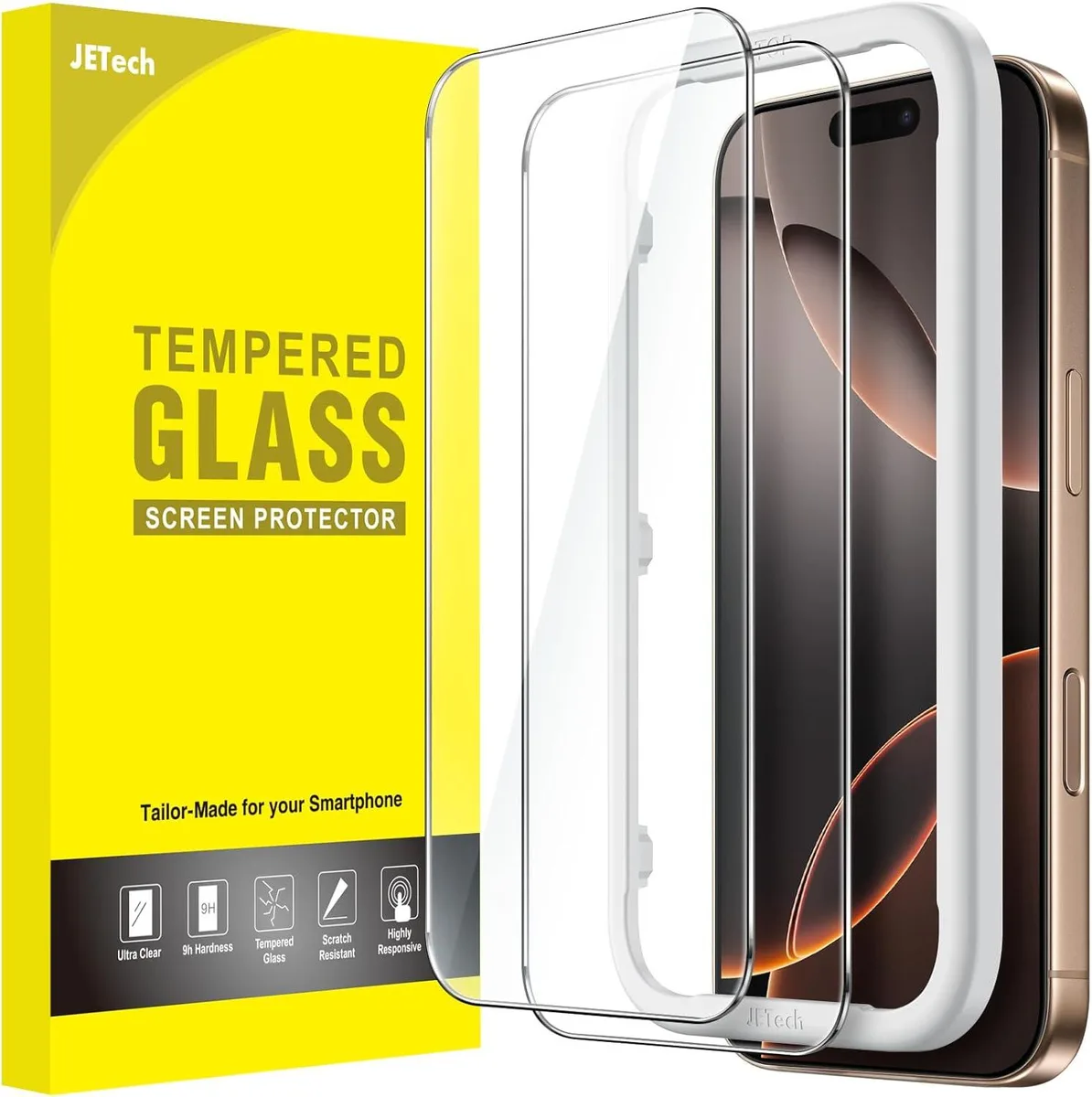 Two clear tempered glass screen protectors with installation tool for iPhone 16 Pro Max 6.9-inch