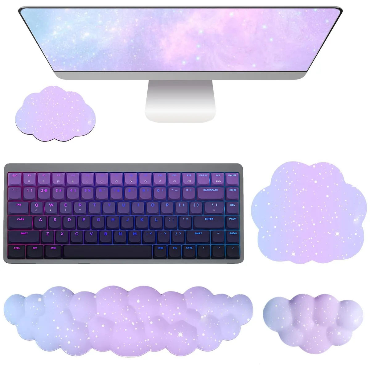 Small purple-blue cloud-shaped mouse pad set with memory foam wrist rests on non-slip silicone base