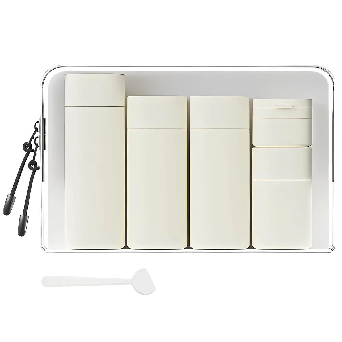 Five travel bottles and a cream jar in a clear zippered bag