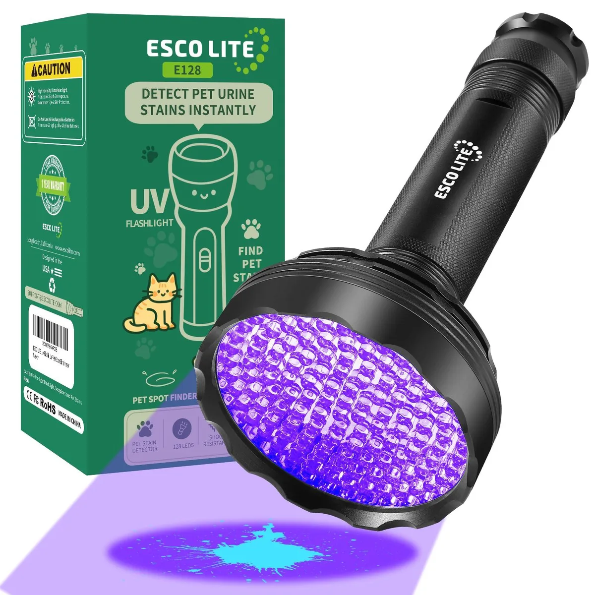 Black cylindrical flashlight with 128 UV LEDs, 395 nm wavelength, aluminum body, 7.3 inches long