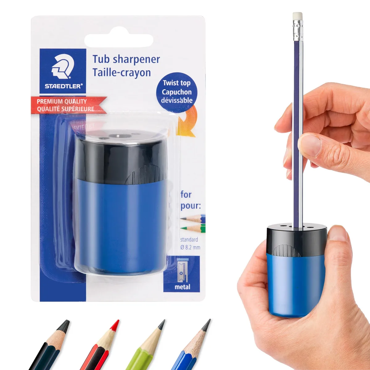 Small blue metal pencil sharpener with screw-on lid, compact round tub shape