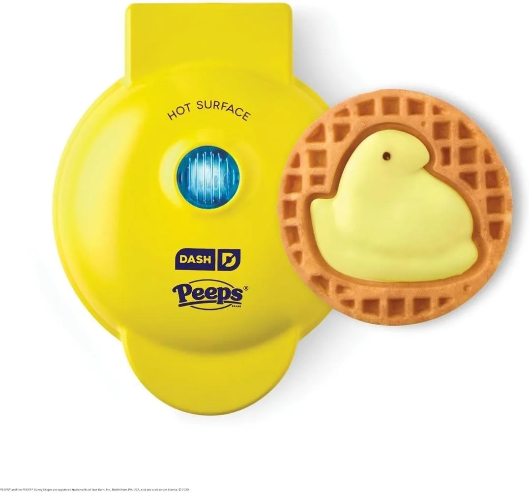 Yellow chick-shaped mini waffle maker with nonstick plates