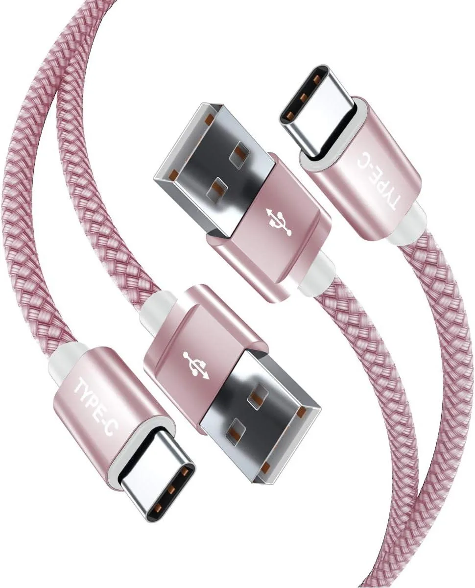 Two pink USB-C charging cables coiled together, 3.3 feet each, braided exterior with aluminum connectors