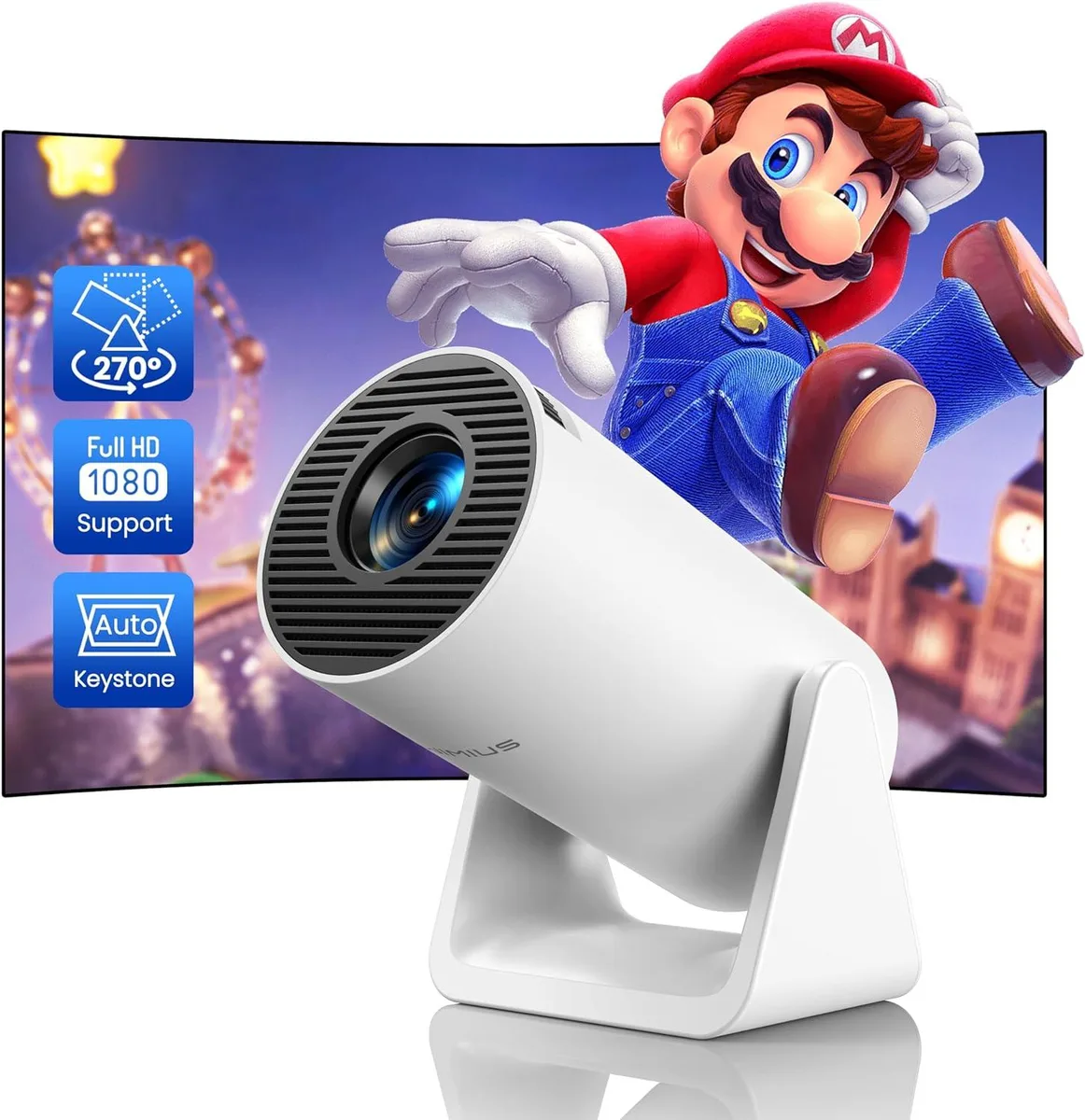 Compact mini projector with built-in 270-degree adjustable stand, matte finish
