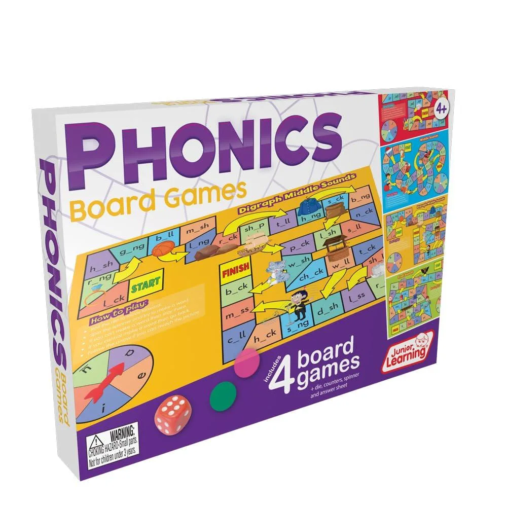 Junior Learning JL422 phonics board game set with double-sided boards, spinner and six counters