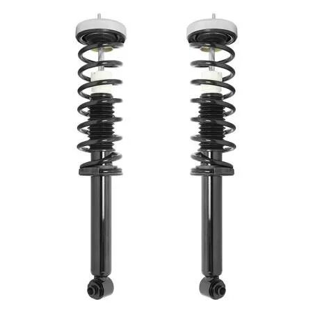 Two silver rear strut assemblies with coil springs and top mounts, fully assembled side by side