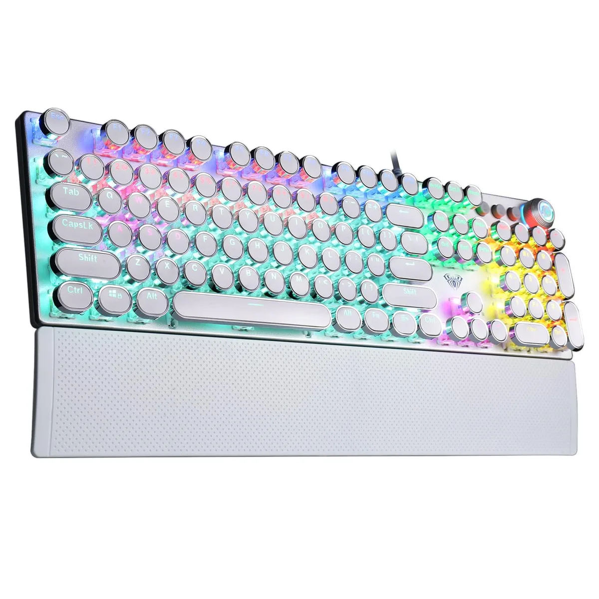  Redragon F2088W White Retro Mechanical Gaming Keyboard Blue Switches Round Keycaps Knob Wrist Rest — product photo