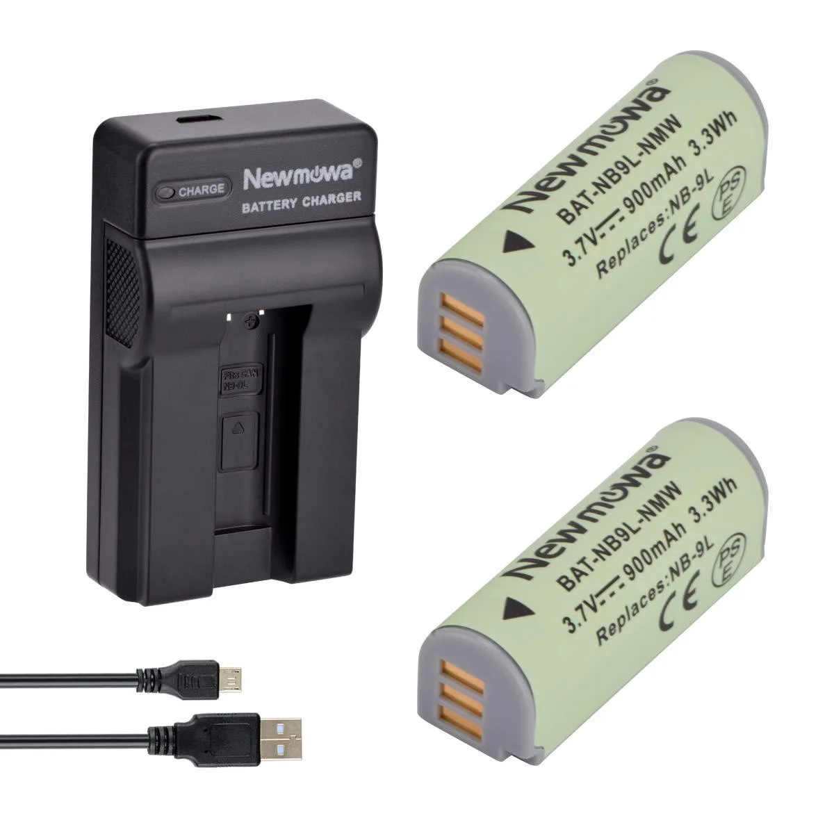  Newmowa NB-9L 900mAh Li-ion battery 2-pack with USB charger — product photo
