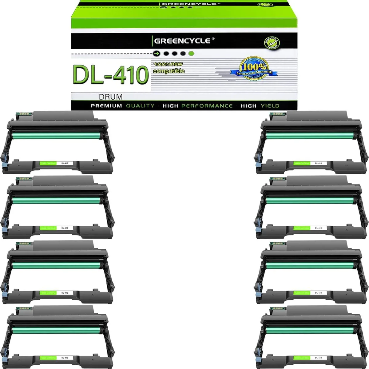 Eight green imaging drum units in a cardboard box