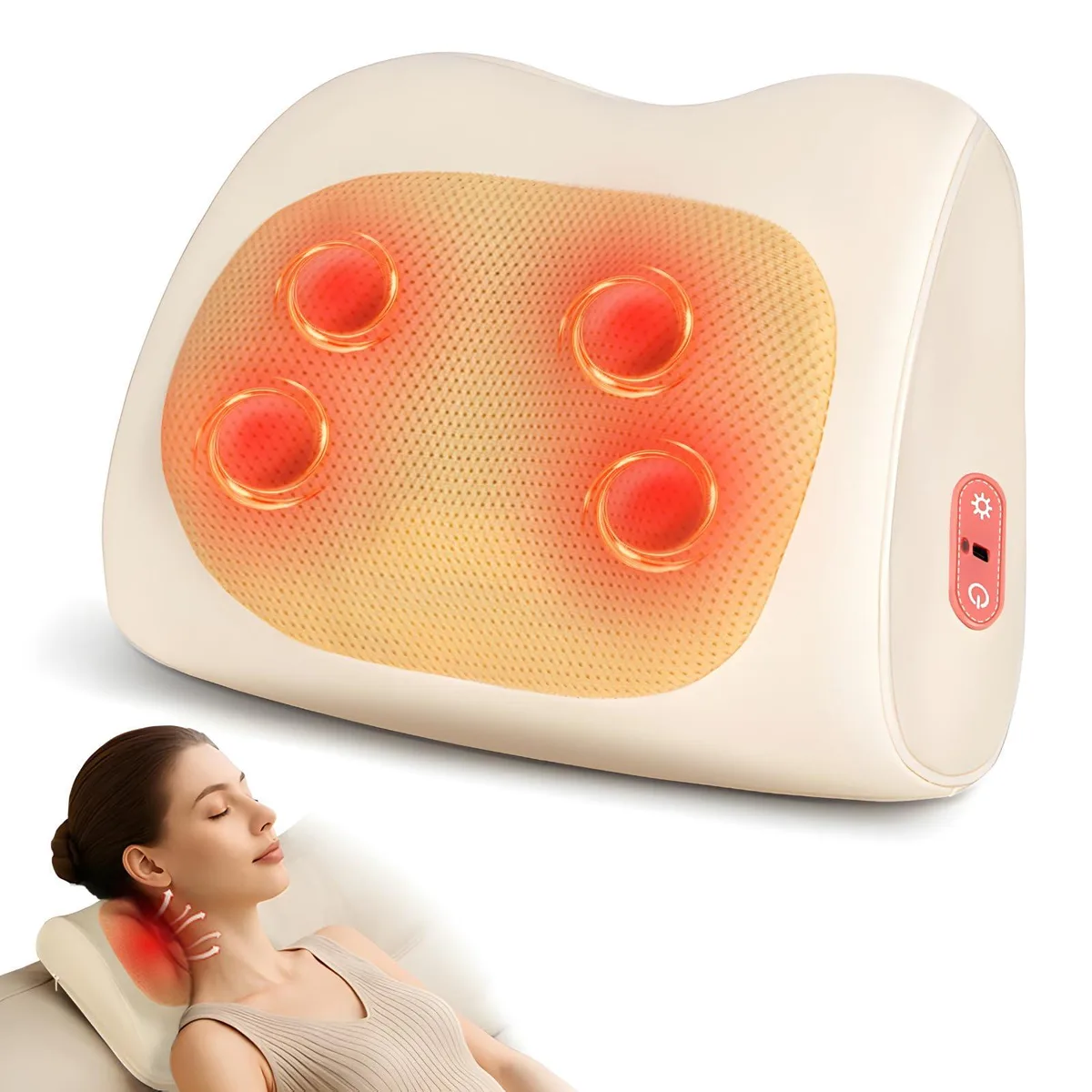 Grey rectangular massage pillow with rounded edges and fabric cover