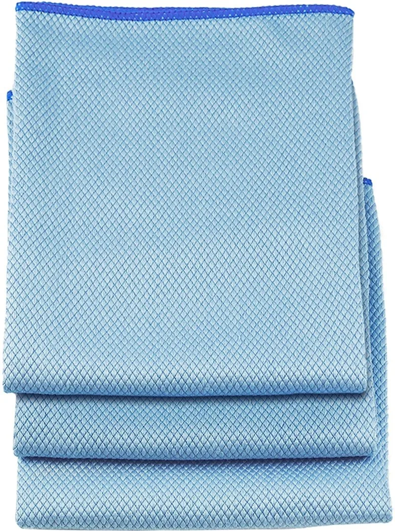 Three folded square blue microfiber cloths stacked together