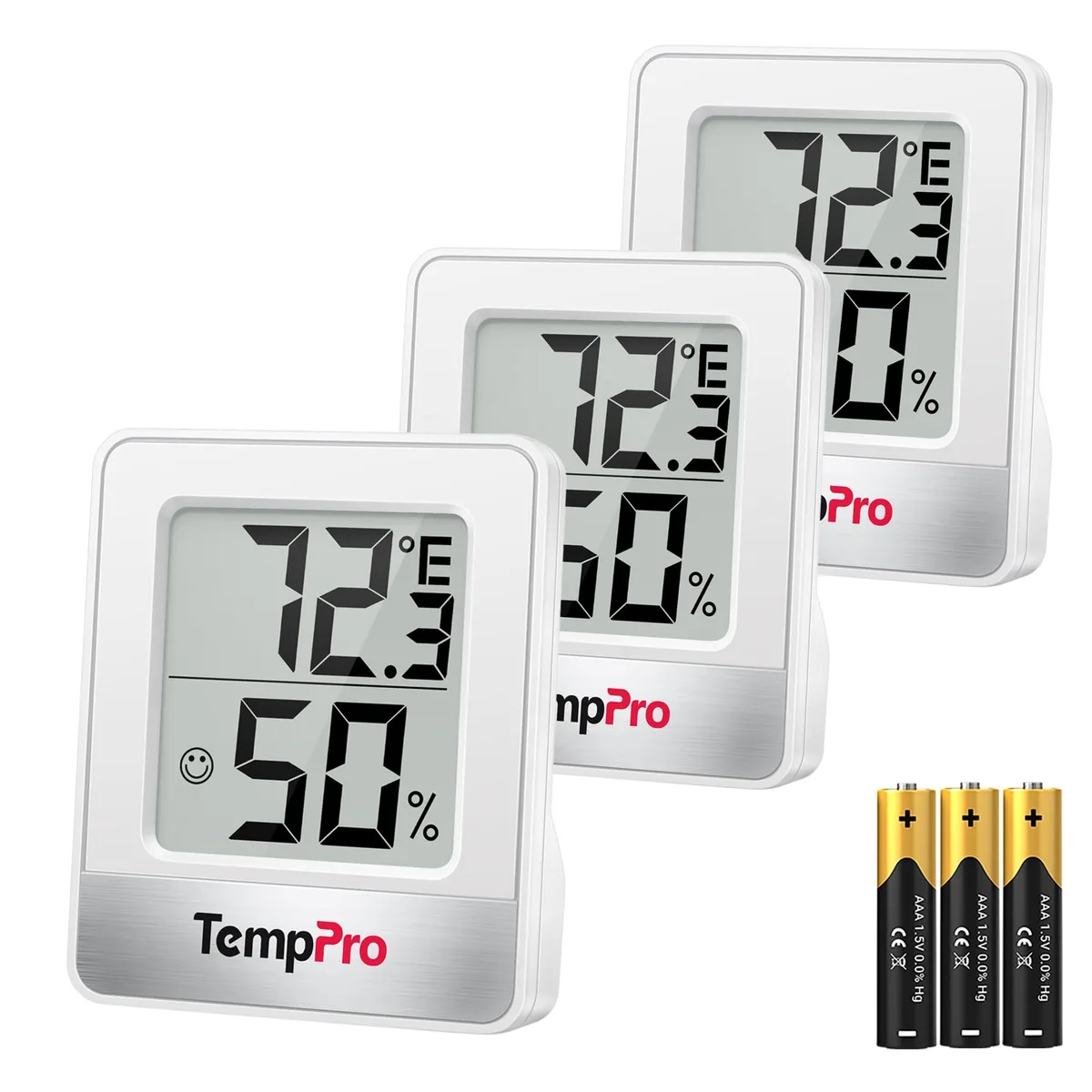 Three small black digital hygrometer thermometers with white LCD displays