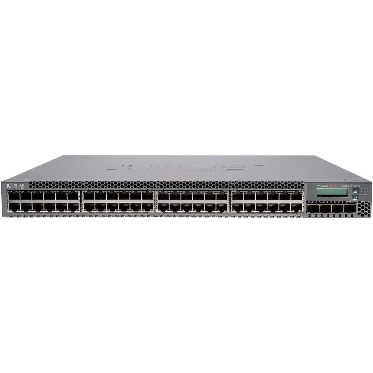 HPE Juniper Networking HPE Juniper Networking EX3300-48T-BFProduct 48-port 10/100/1000Base-T network switch with 4 SFP+ uplink ports — product photo