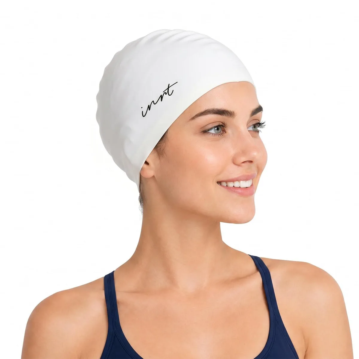 White one-size silicone swim cap smooth dome shape unisex adult