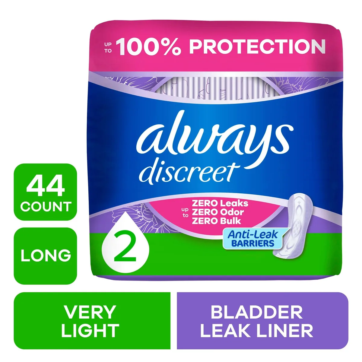 None Continuous None Continuous Always Discreet Incontinence Panty Liners Size 2 Very Light Long 44 Count — product photo