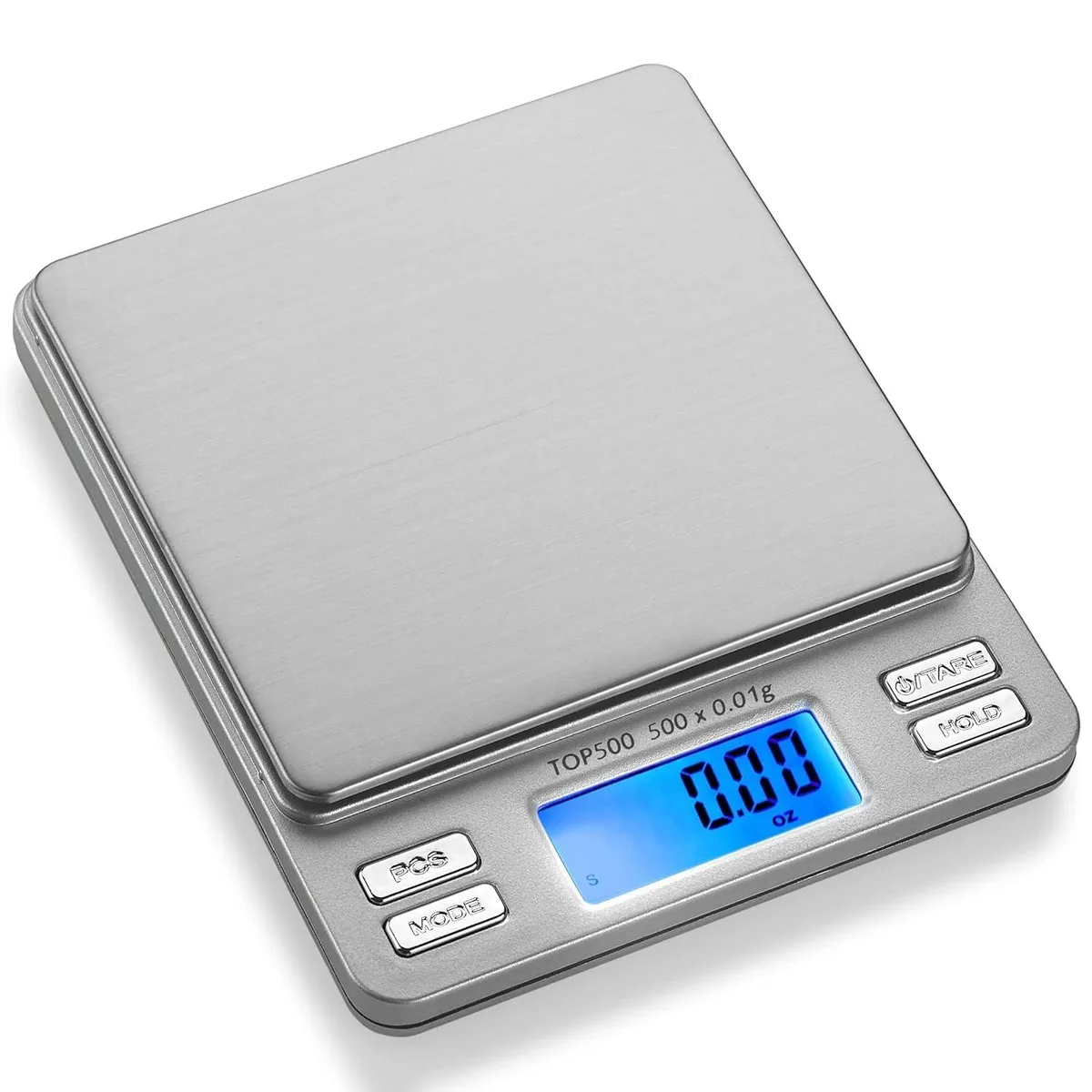 White plastic pocket scale with digital display and two trays