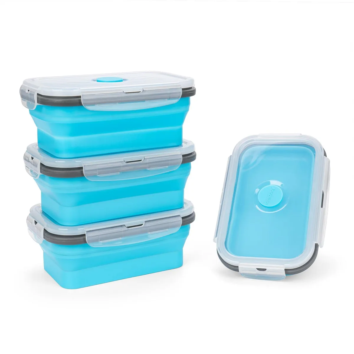 Four collapsible red silicone food containers with lids and air vents, folded flat to show space-saving design