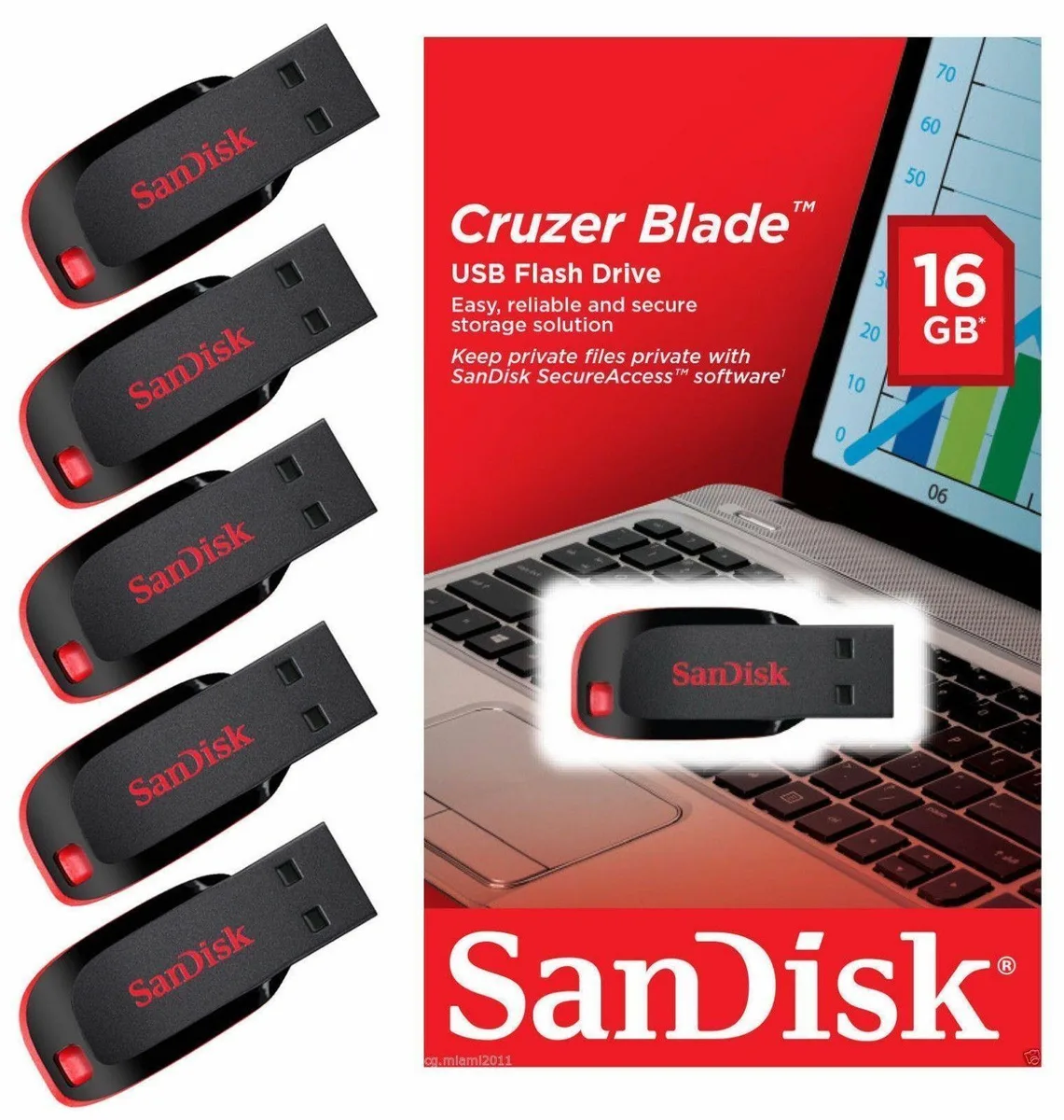 SanDisk SanDisk SDCZ50-016G 16 GB USB 2.0 flash drive, black, 5-pack — product photo
