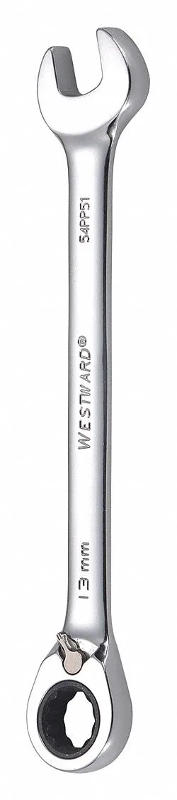 Chrome-finished 13 mm combination wrench with offset head