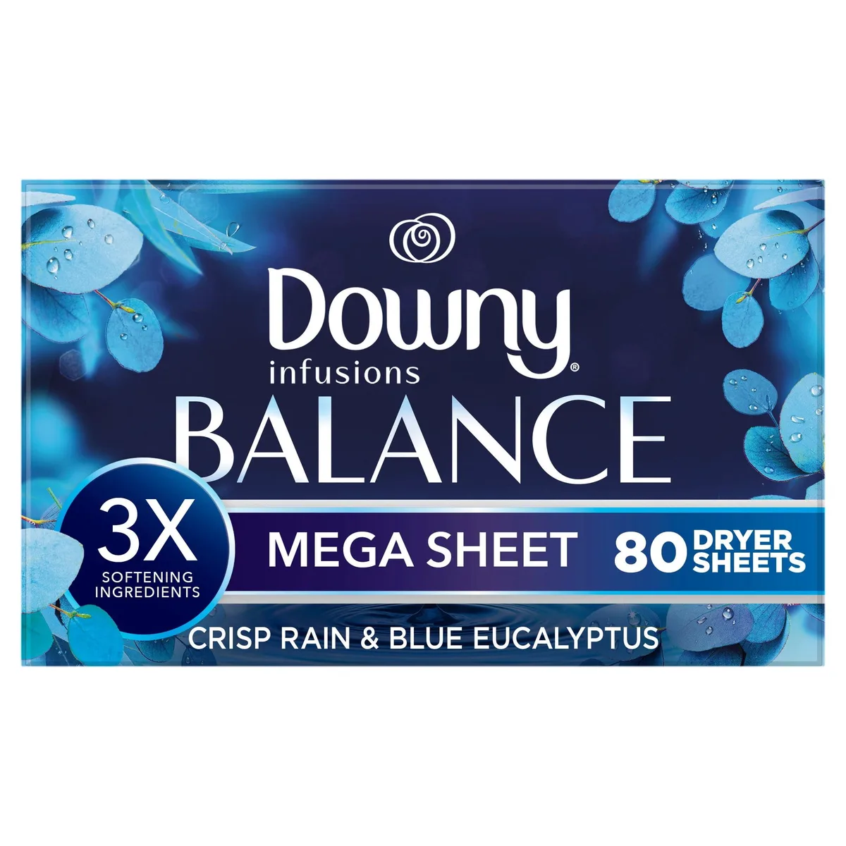 Downy Downy Infusions Balance Mega Dryer Sheets Crisp Rain Blue Eucalyptus 80 count — product photo