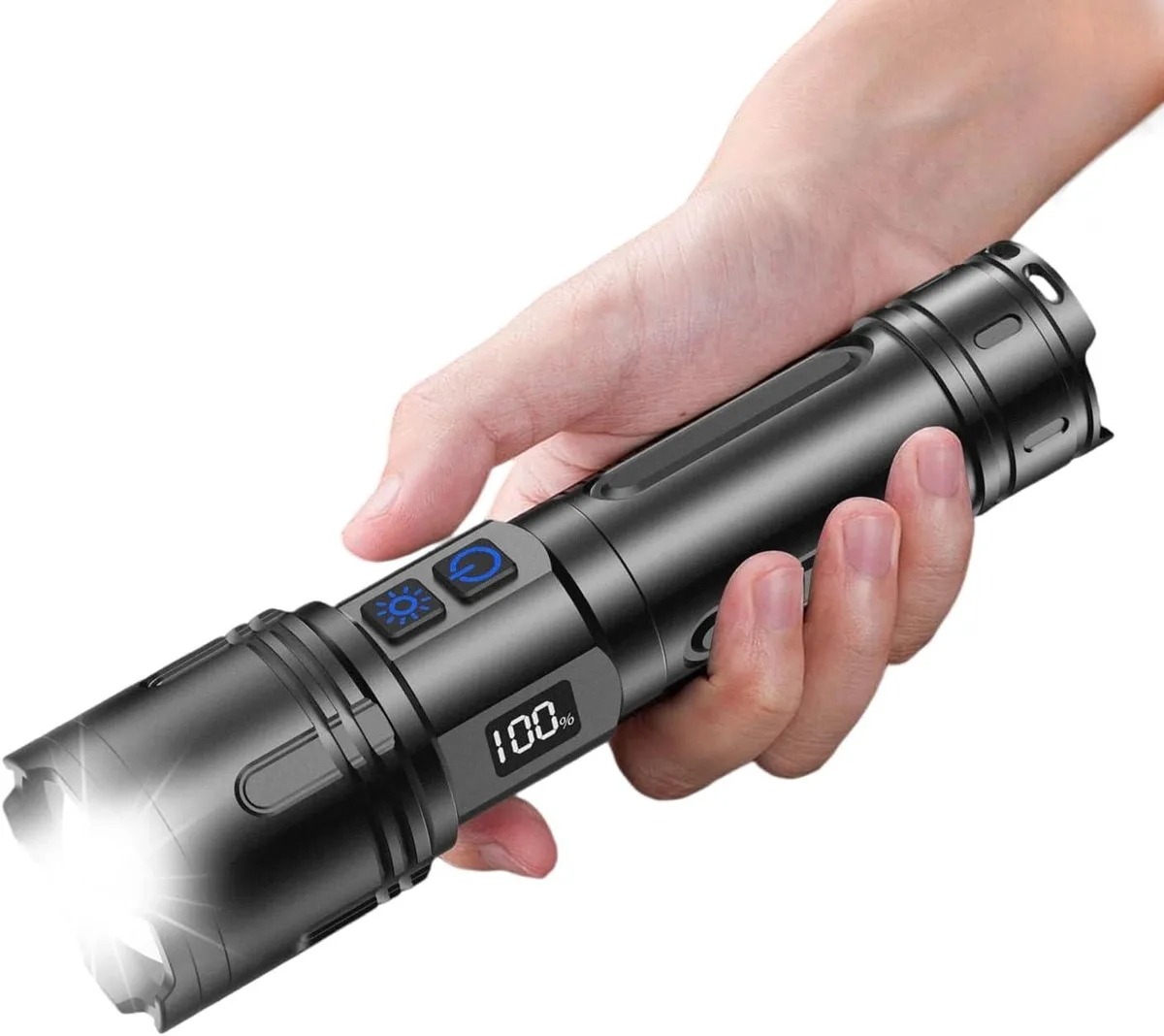 MAONO R227 rechargeable flashlight, cylindrical body, matte dark finish, dual switches visible