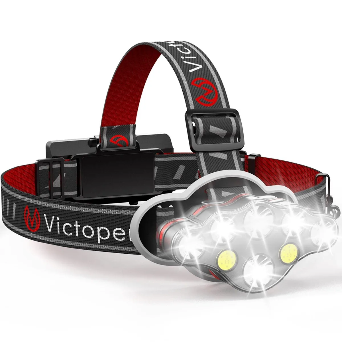 Black rectangular headlamp with eight LEDs, adjustable strap, USB-C port, 90° tilt, 5.3 oz