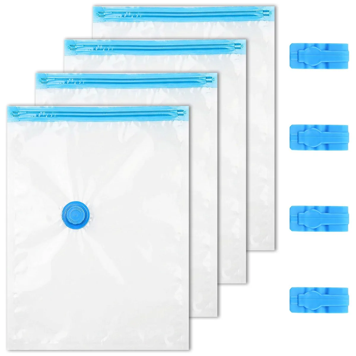 Four beige rectangular polyethylene bags with zip closures and roll-up valves