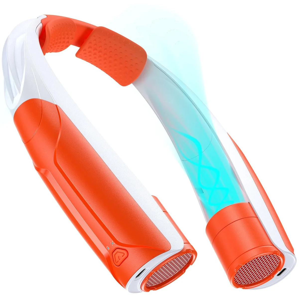 Orange and white glossy silicone neck fan with flexible 360 degree band and three blades
