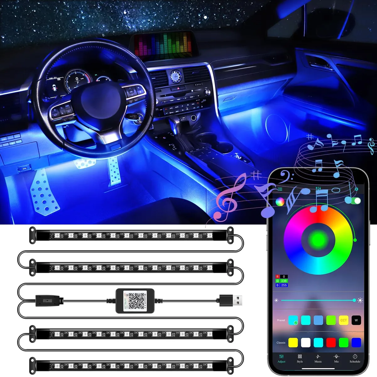  LivTee Accent Interior Car Lights App Control RGB 2 Lines Design — product photo