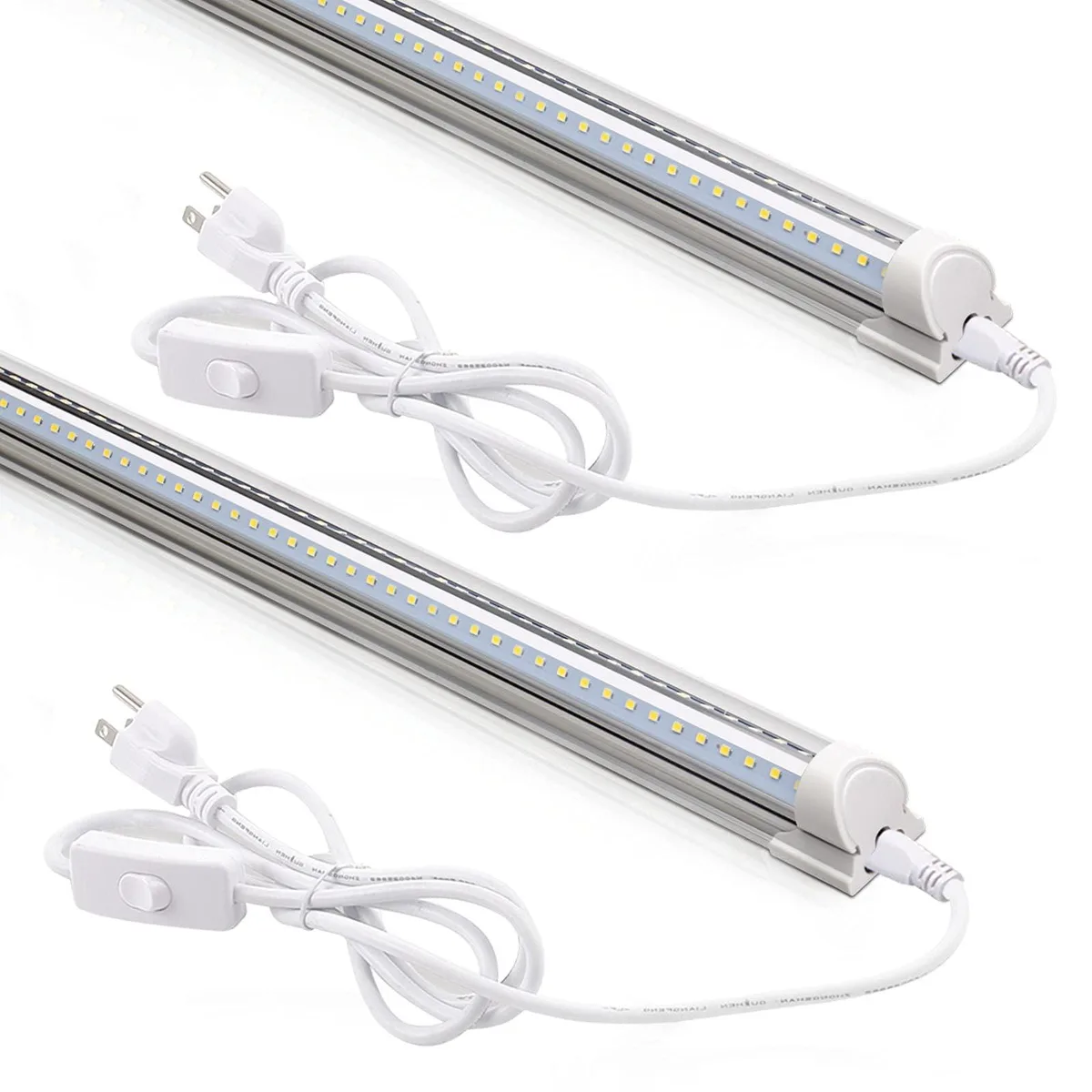 Two clear-covered 2-foot LED shop lights, slim rectangular form, cool white finish