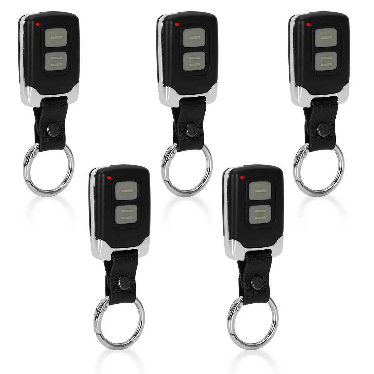 Small black keychain remote with two buttons and a keyring loop