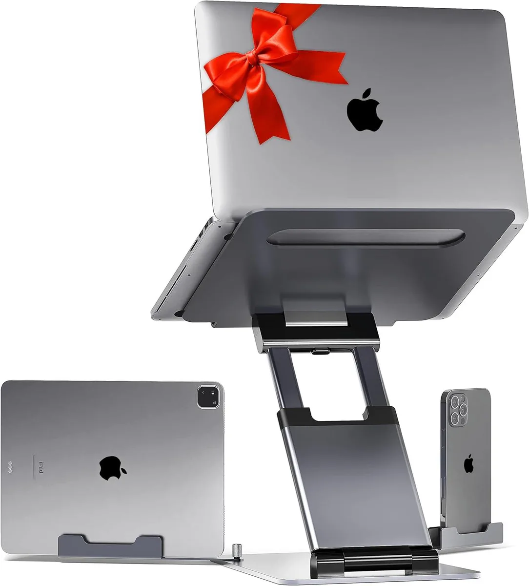 Grey adjustable laptop stand with extendable arm and phone holder, folds flat
