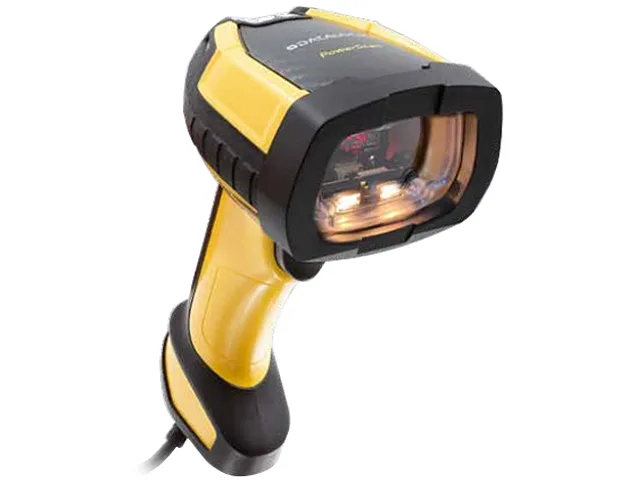 Handheld barcode scanner, dark grey plastic body with trigger and front scan window