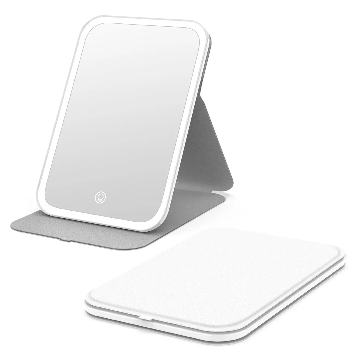 White square tabletop mirror with 60 LEDs, foldable stand, ABS frame, USB-C port