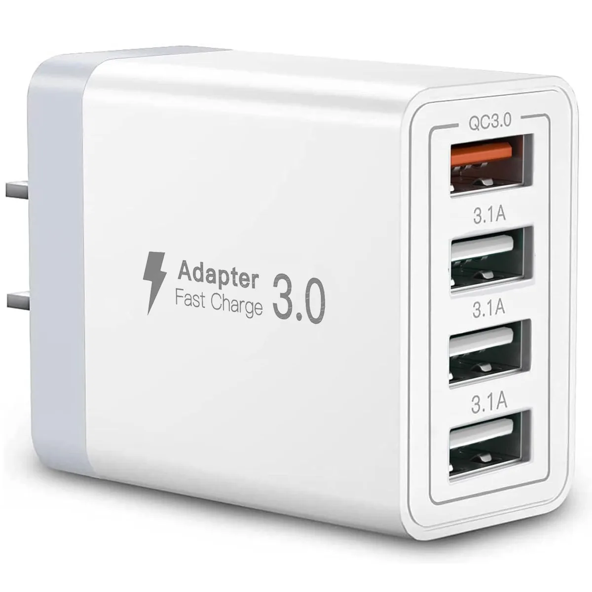 White rectangular wall charger with four USB-A ports and foldable prongs