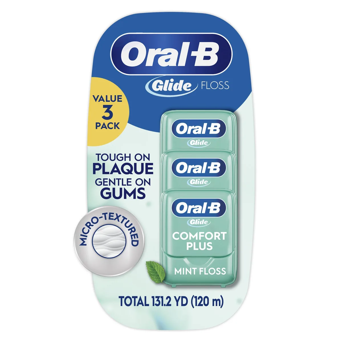 Three mint dental floss tape dispensers in blister pack
